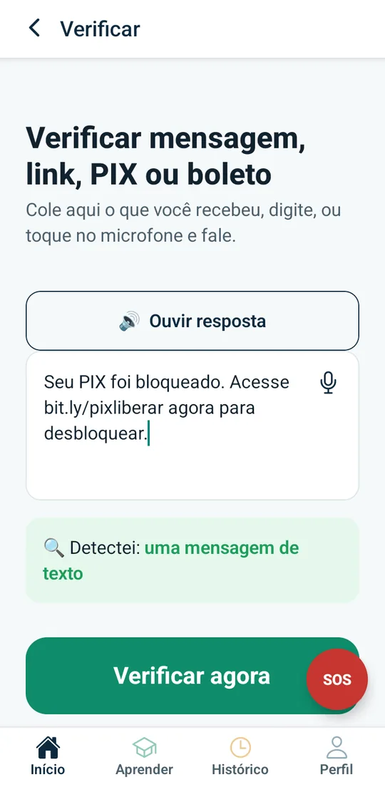 Tela Verificar do app, com uma mensagem suspeita colada