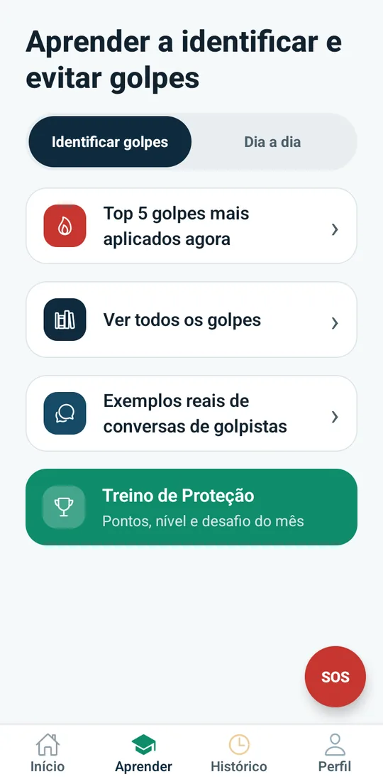 Tela Aprender com Top 5 golpes, exemplos reais e Treino de Proteção