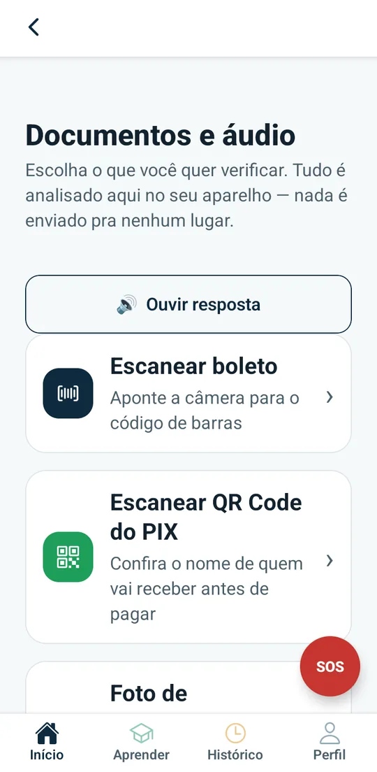 Tela Documentos e áudio com as opções Escanear boleto e Escanear QR Code do PIX