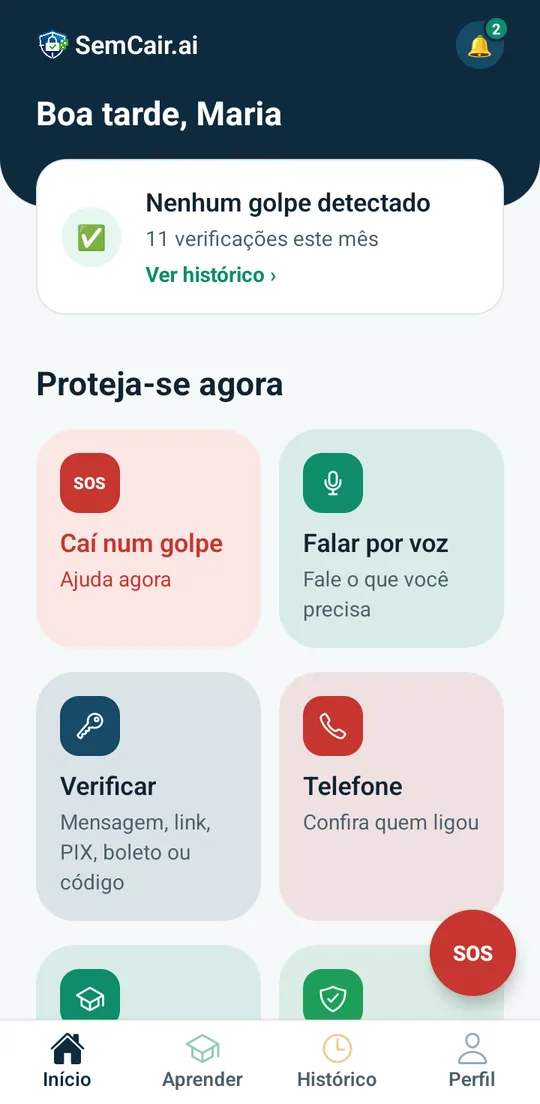 Tela inicial do aplicativo SemCair.ai com os atalhos Caí num golpe, Falar por voz, Verificar e Telefone