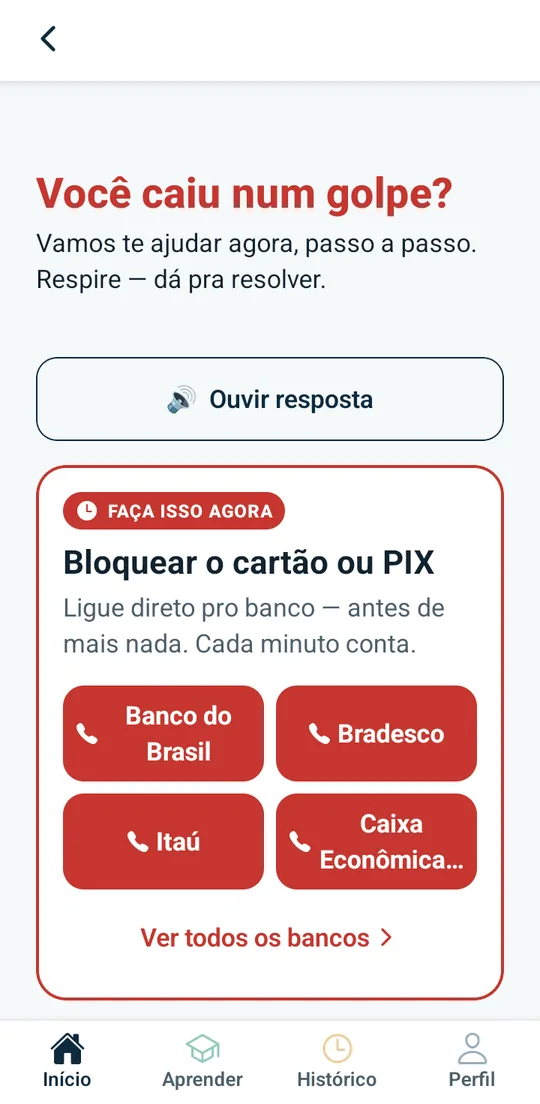 Tela SOS do app com o passo Bloquear o cartão ou PIX e atalhos para ligar aos bancos